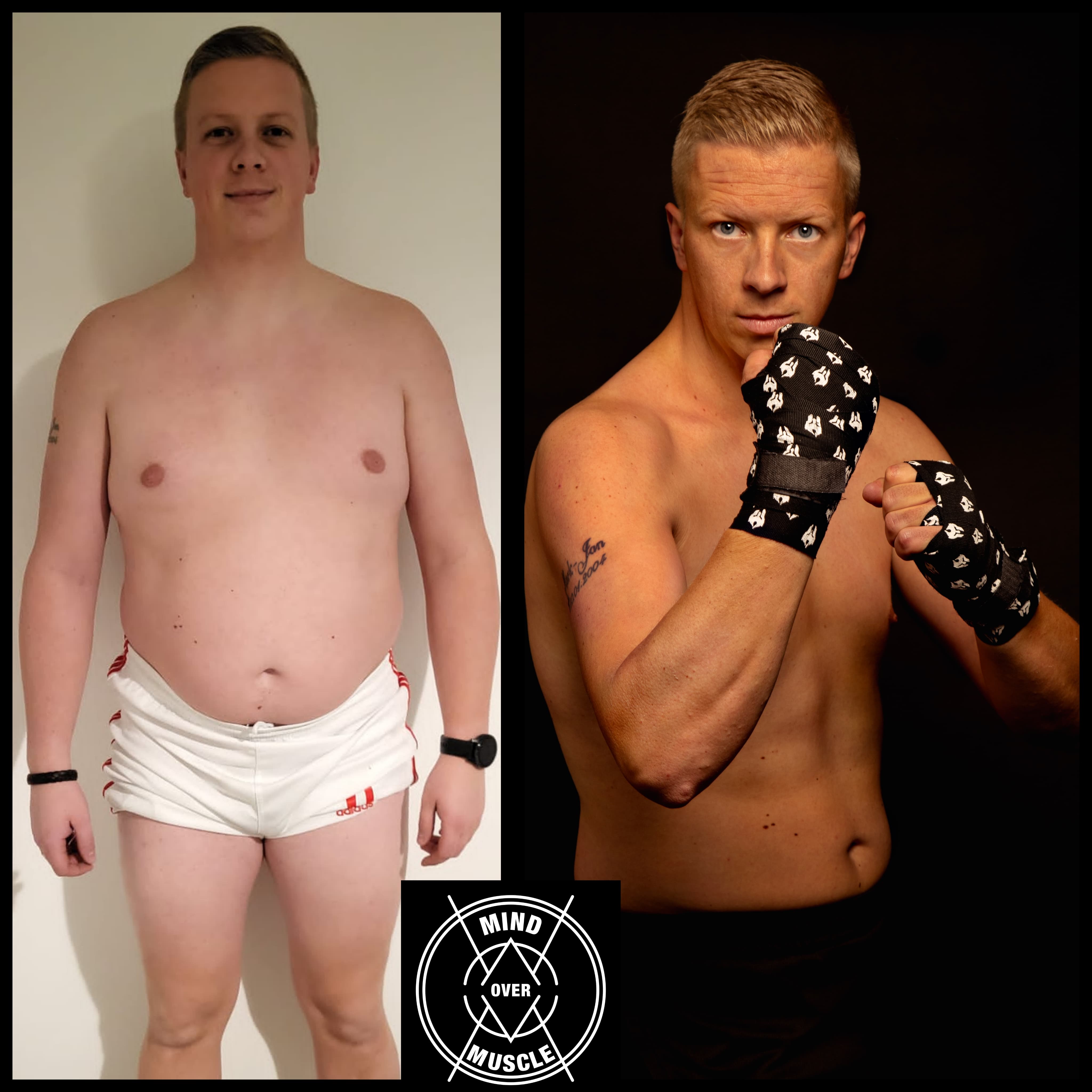 Collage van Vincent voor en na zijn eigen transformatie, voor links en na rechts
